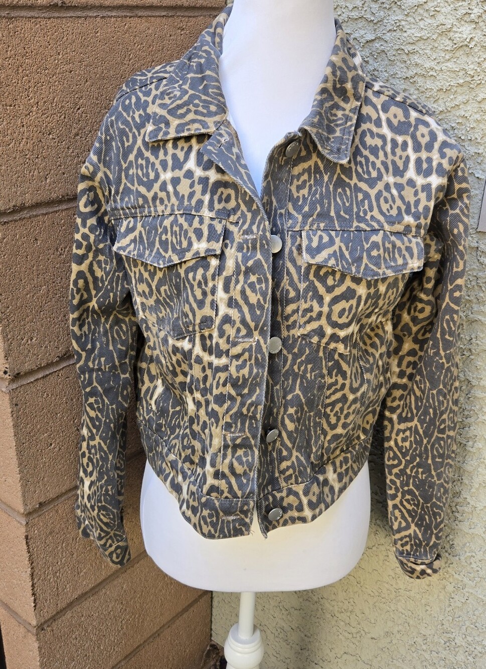 RSQ Leopard Print Cropped Denim Jacket - Tan/Gray
